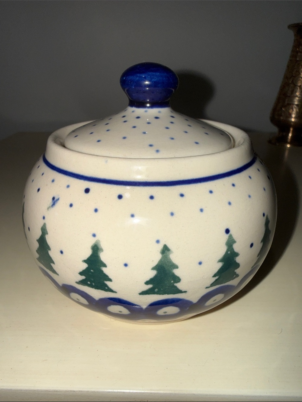 Hand-Painted Ceramic Holiday Sugar Jar - White and Green
